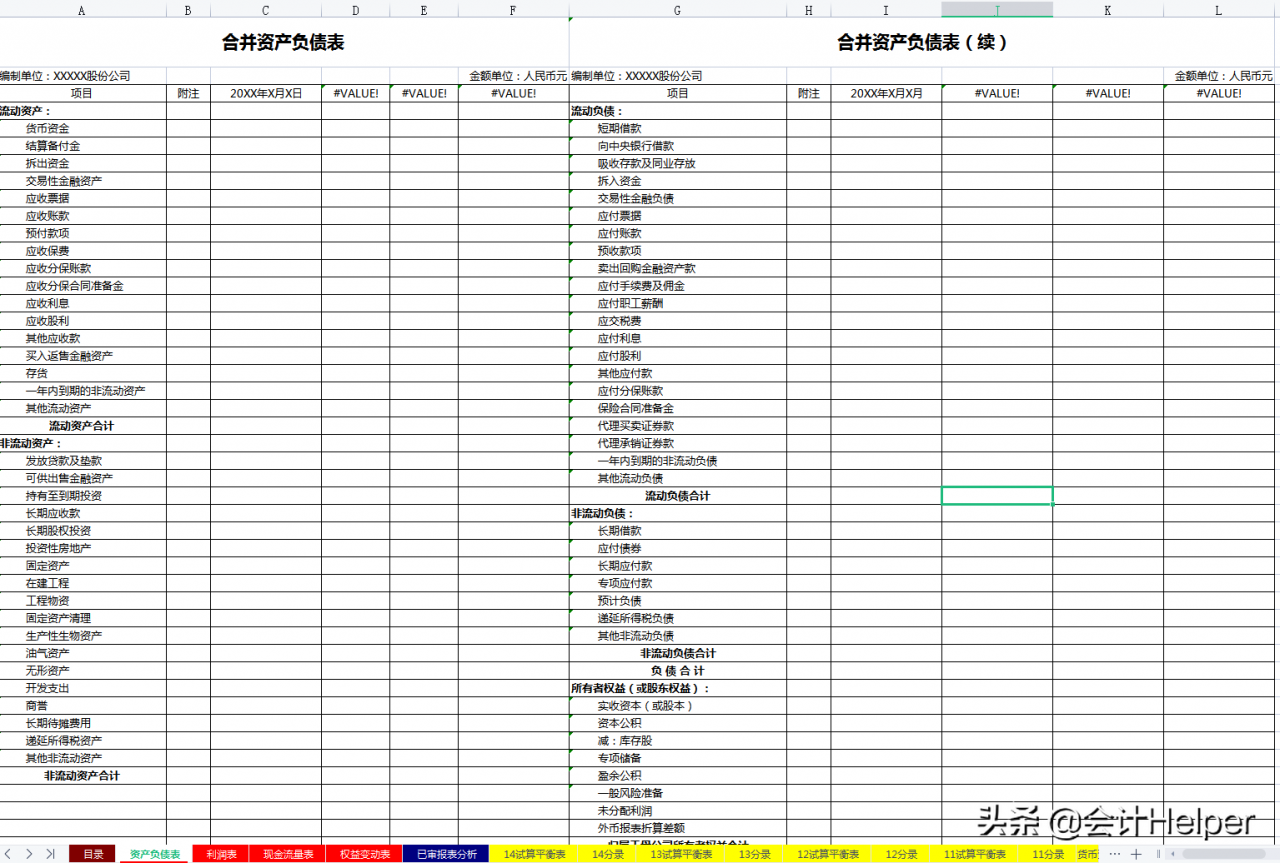 全自动Excel合并财务报表模板，附试算平衡表及附注，直接套用